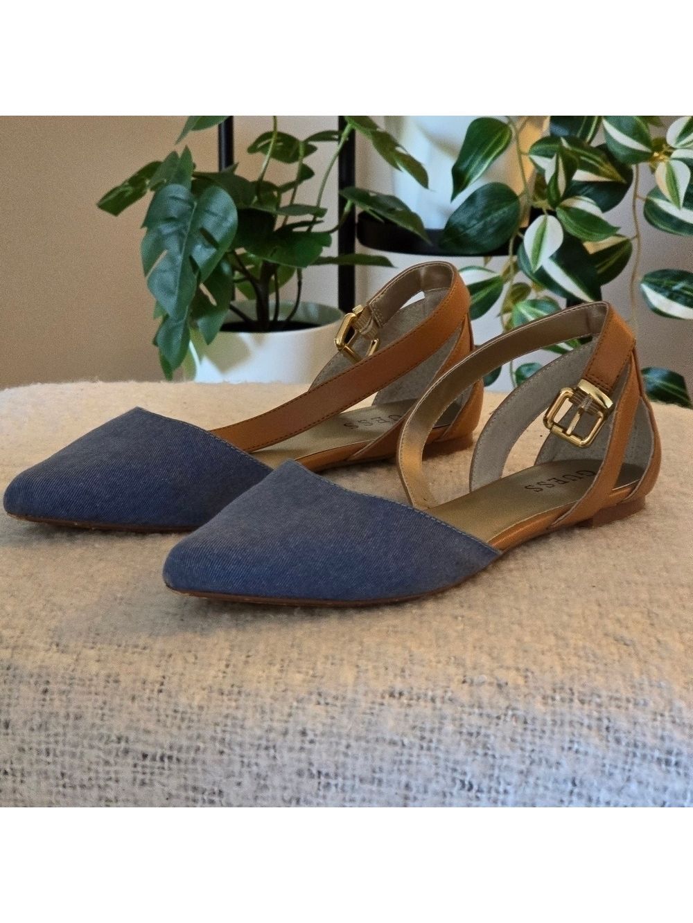 Guess denim and faux leather pointed toe ,ankle strap size 7.5